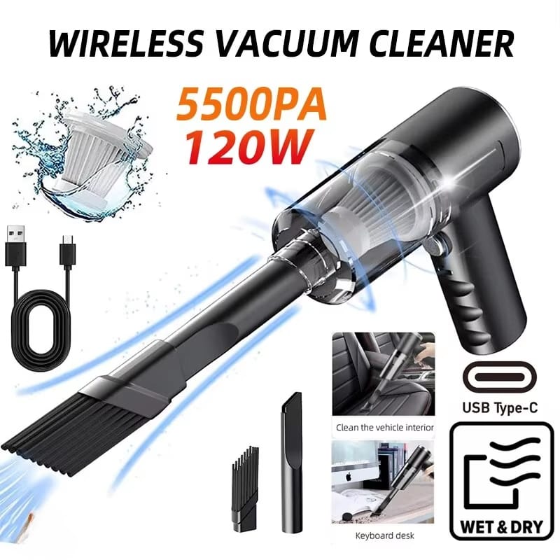 Portable Cordless Car Vacuum Cleaner 5500PA | 120W High Power Mini Vacuum & Air Blower USB-C Rechargeable